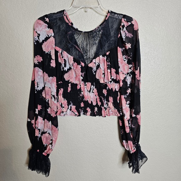 Free People Daphne Black Pink Floral Lace Neck Smocked Long Sleeve Blouse XS - Picture 2 of 10